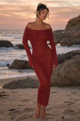 Selvain Off-Shoulder Knitted Cowl Midi Dress - variant red